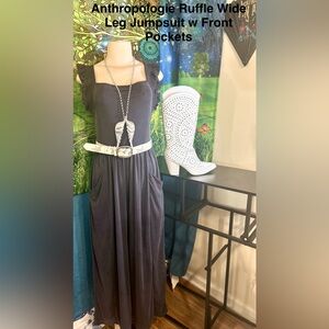 Anthropologie Grey Ruffle Wide Leg Jumpsuit With Front Slanted Pockets